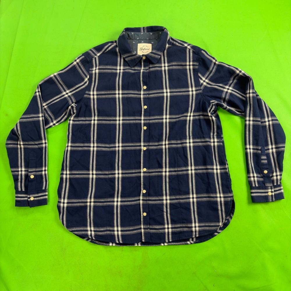 Jachs Girlfriend Plaid Flannel Shirt Womens M Navy White LS Relaxed Soft Pocket
